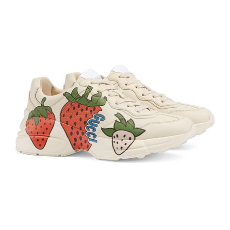 gucci strawberry sneakers outfit|Gucci white rhyton sneakers.